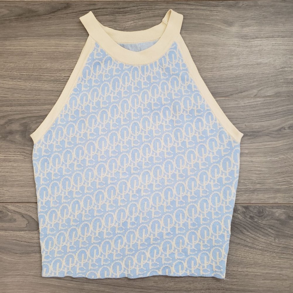 Shein Allover Pattern Halter Knit Top Blue Size Large